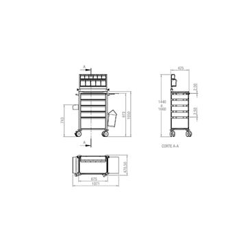 Carro de anestesia 5 cajones con soporte cajas basculantes y ruedas simples