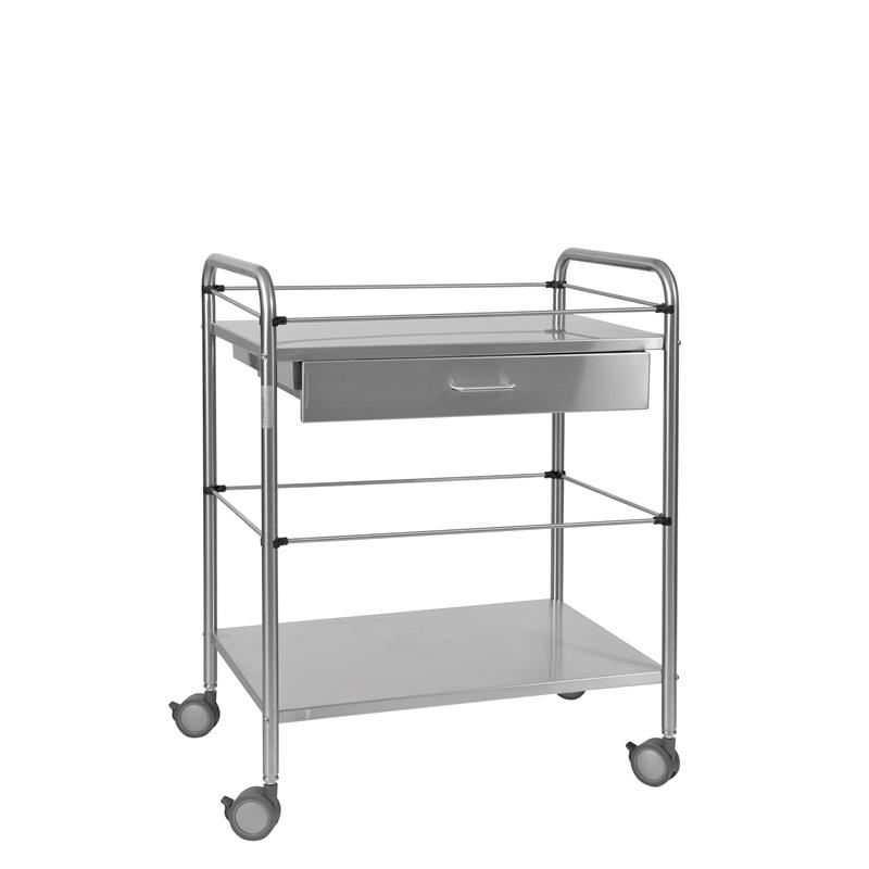 Mesa auxiliar en acero inox con 2 estantes y 1 cajón