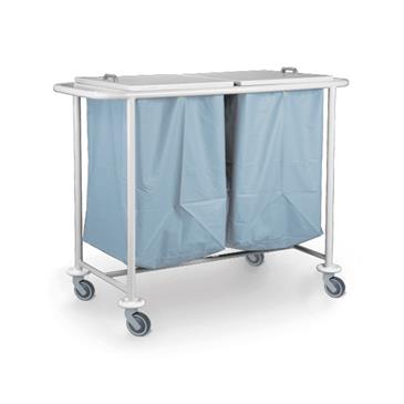 Carro de transporte de ropa sucia doble con tapa y ruedas. Acero epoxi