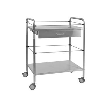 Mesa auxiliar en acero inox con 2 estantes y 1 cajón