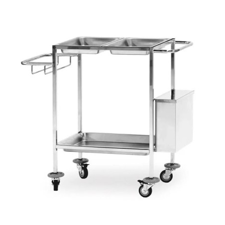 Carro de curas inox con 3 bandejas, portabombonas y cubo de residuos Carro de curas inox con 3 bandejas, portabombonas y cubo de residuos