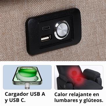 Sillon relax reclinable con calor lumbar y USB C,color gris claro