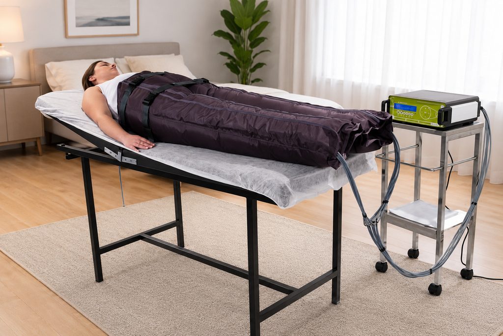 Mujer haciendo terapia con máquina presoterapia