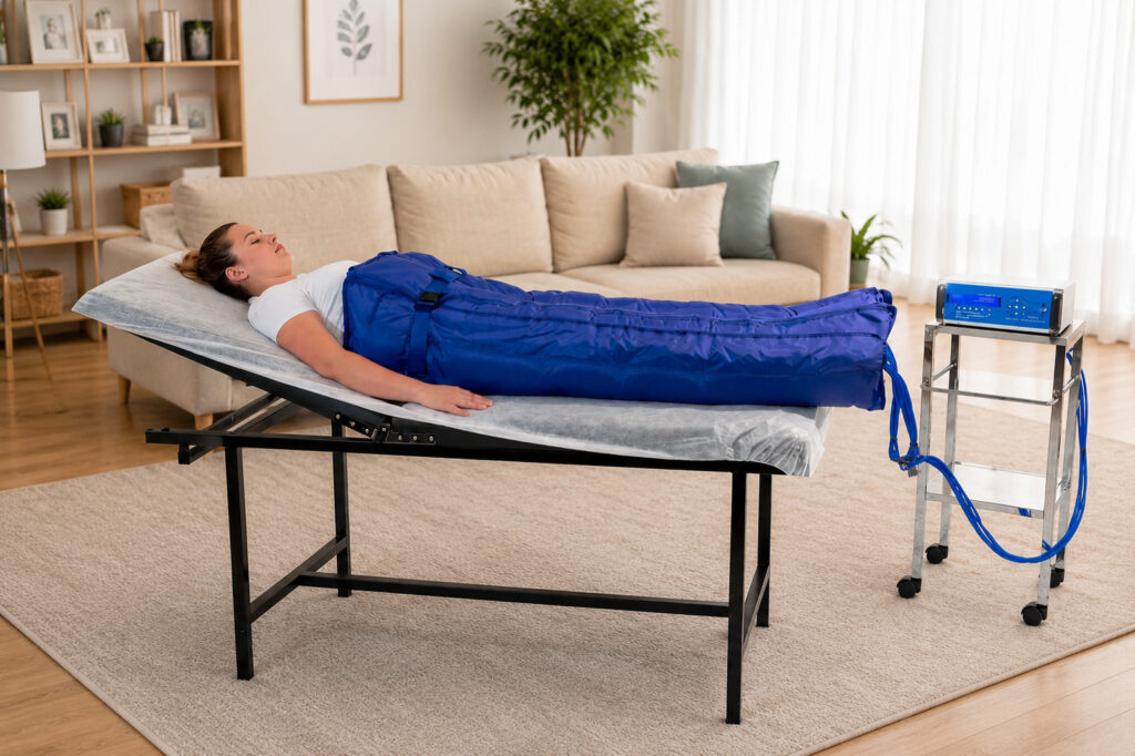 Persona haciendo presoterapia en casa​ 